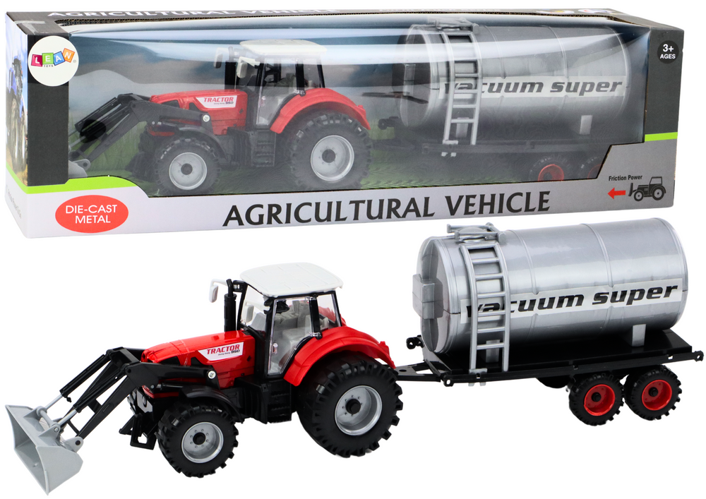 Zemědělský traktor s bagrem a cisternou červený s pohonem