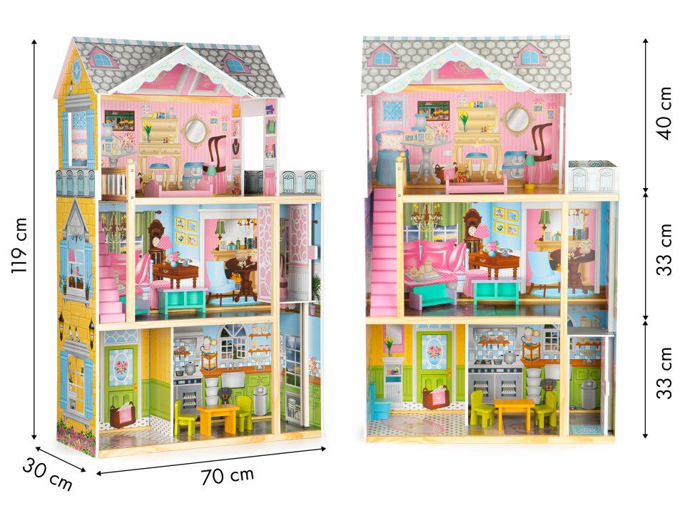 Ecotoys Ecotoys Velký dřevěný domeček pro panenky s výtahem a nábytkem - Obrázek 2