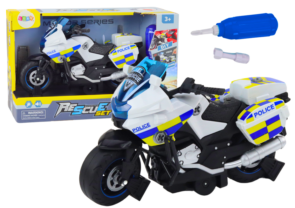 Policjní motocykl DIY ke skládání se světly a zvuky bílý