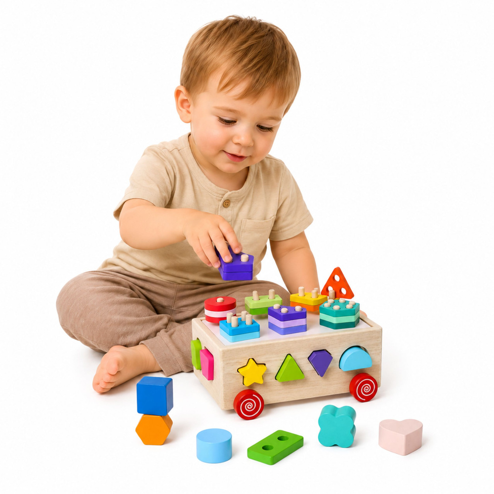 Dřevěný Montessori třídicí vozík na kolečkách - Obrázek 2