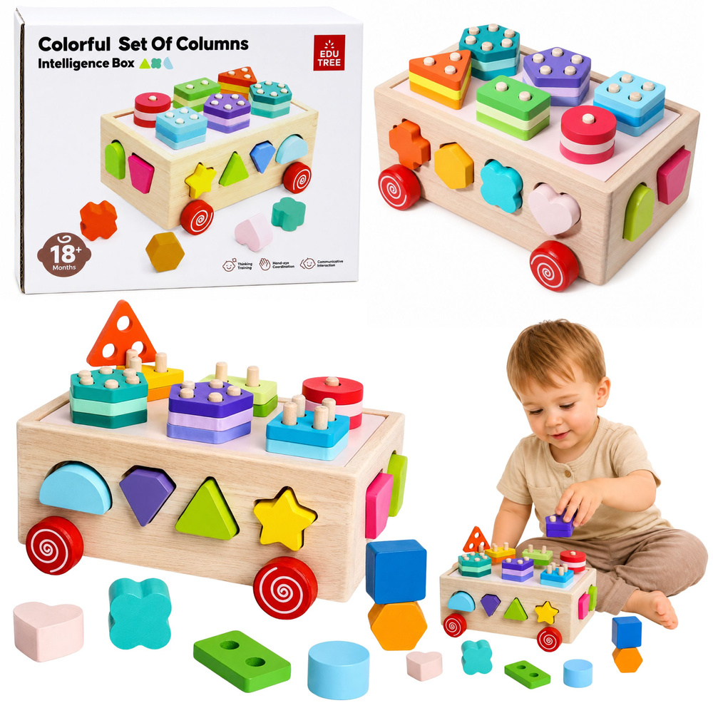 Dřevěný Montessori třídicí vozík na kolečkách