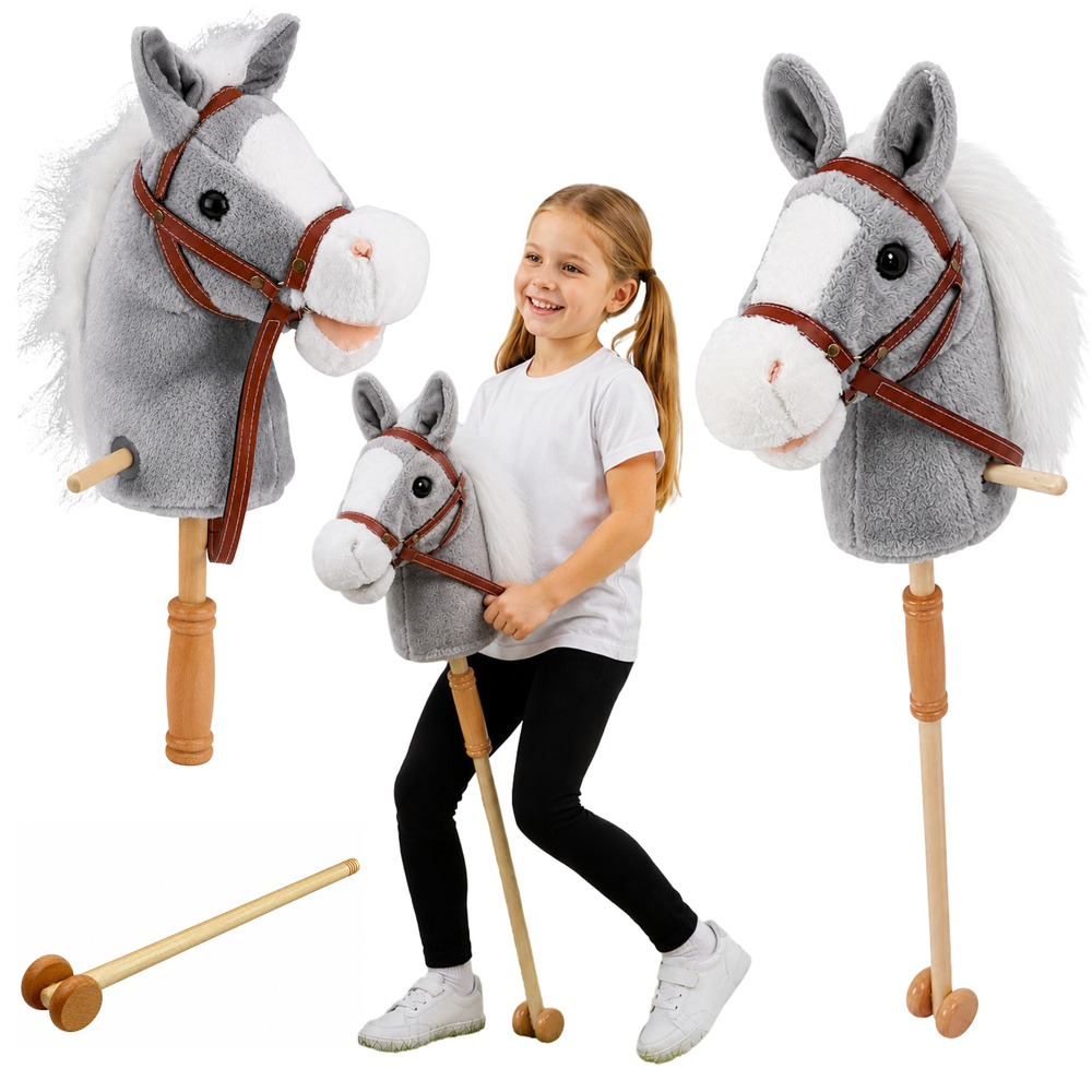 Kůň na tyči Hobby Horse se zvuky a kolečky 100 cm šedý