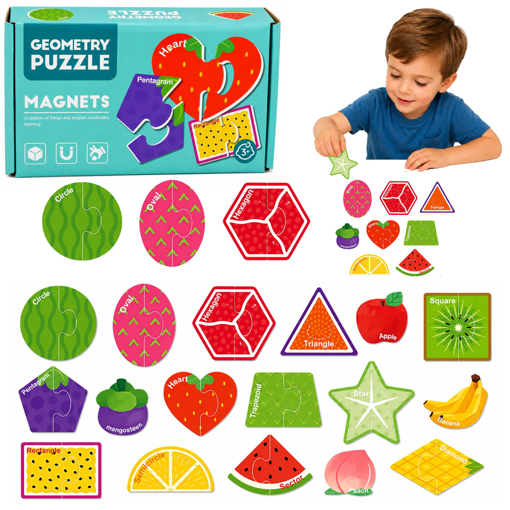 Magnetické puzzle geometrické tvary a ovoce 30 dílků