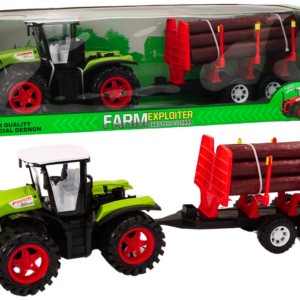 Zelený farmářský traktor s přívěsem na dřevo 9 kmenů
