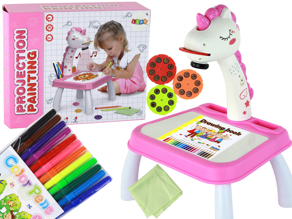 Projektor na kreslení Jednorožec s pastelkami a vložkami růžový