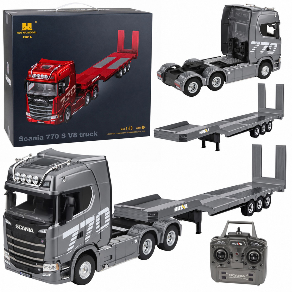 Kamion Scania 770S s návěsem Huina 1502 na dálkové ovládání 1:18 stříbrný