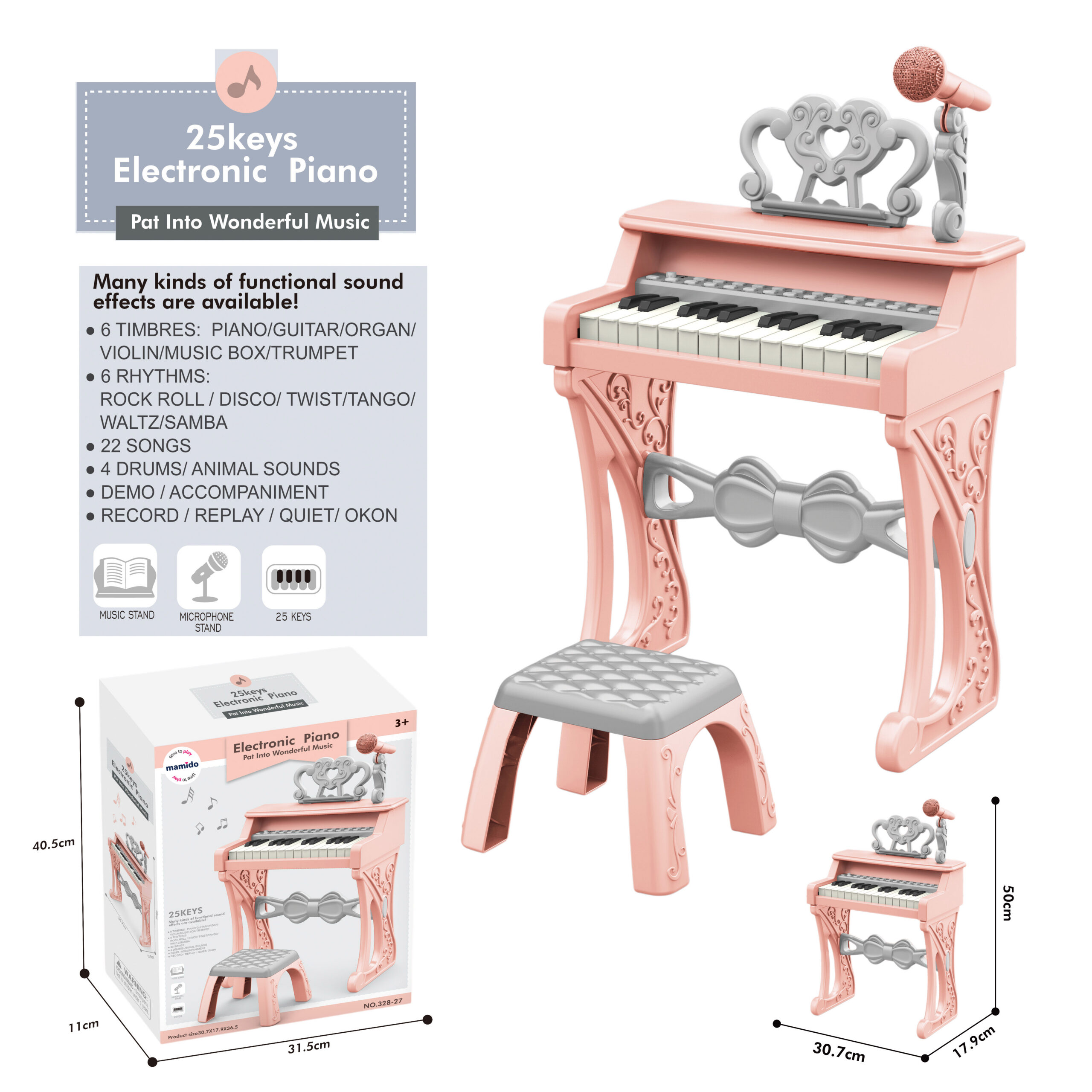Mamido Dětský elektrické piano s židlí a mikrofonem 25 kláves růžové