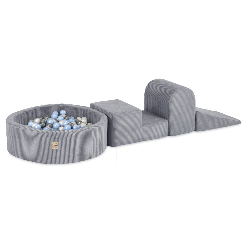 PLUSH NEST PLUSH NEST Hrací sestava s bazénem (3 prvky + bazén Ø 90 × 30 cm) s 200 míčky šedá